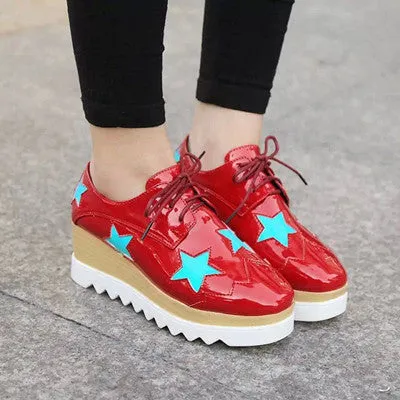 Stars Womens Flats Round Toe Patent Leather Platform Shoes Oxford Lace up Derby Shoes Size 35-39 Brogue Shoes PX69
