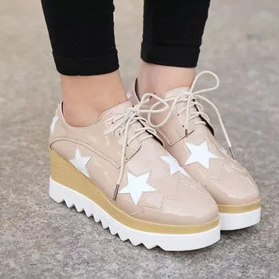 Stars Womens Flats Round Toe Patent Leather Platform Shoes Oxford Lace up Derby Shoes Size 35-39 Brogue Shoes PX69
