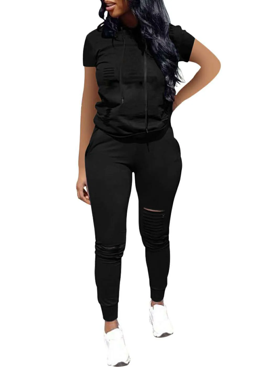 Trendy Distressed Hooded Top and Fitted Leggings Two-Piece Set