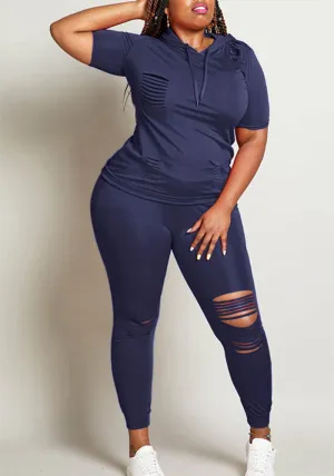 Trendy Distressed Hooded Top and Fitted Leggings Two-Piece Set