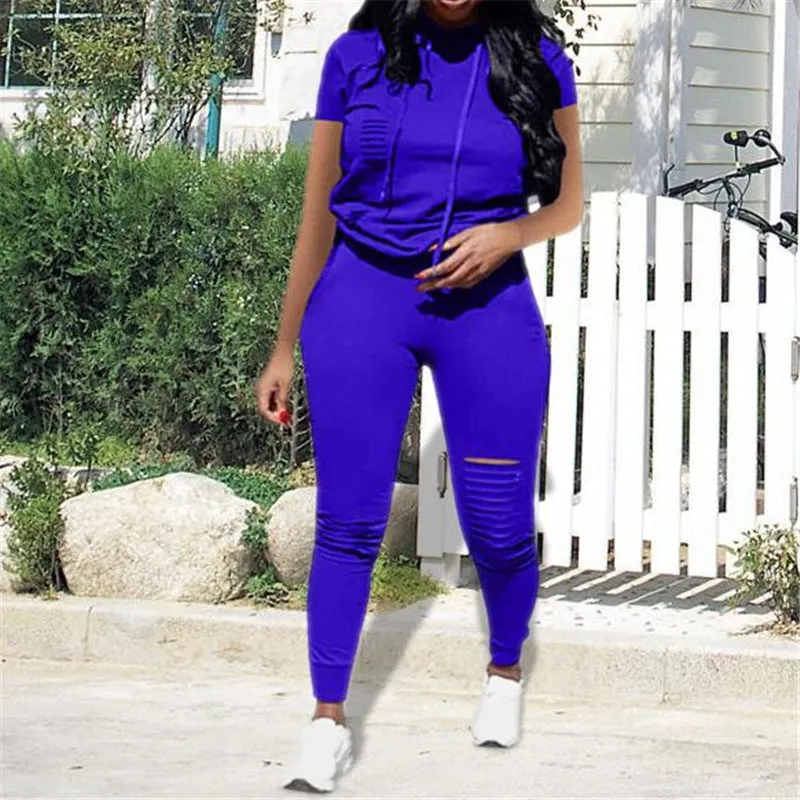 Trendy Distressed Hooded Top and Fitted Leggings Two-Piece Set