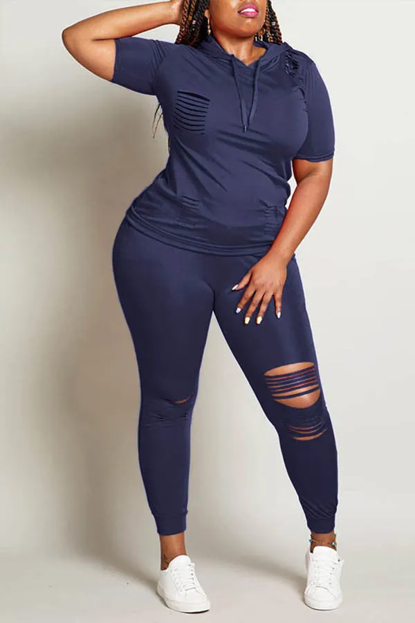 Trendy Distressed Hooded Top and Fitted Leggings Two-Piece Set