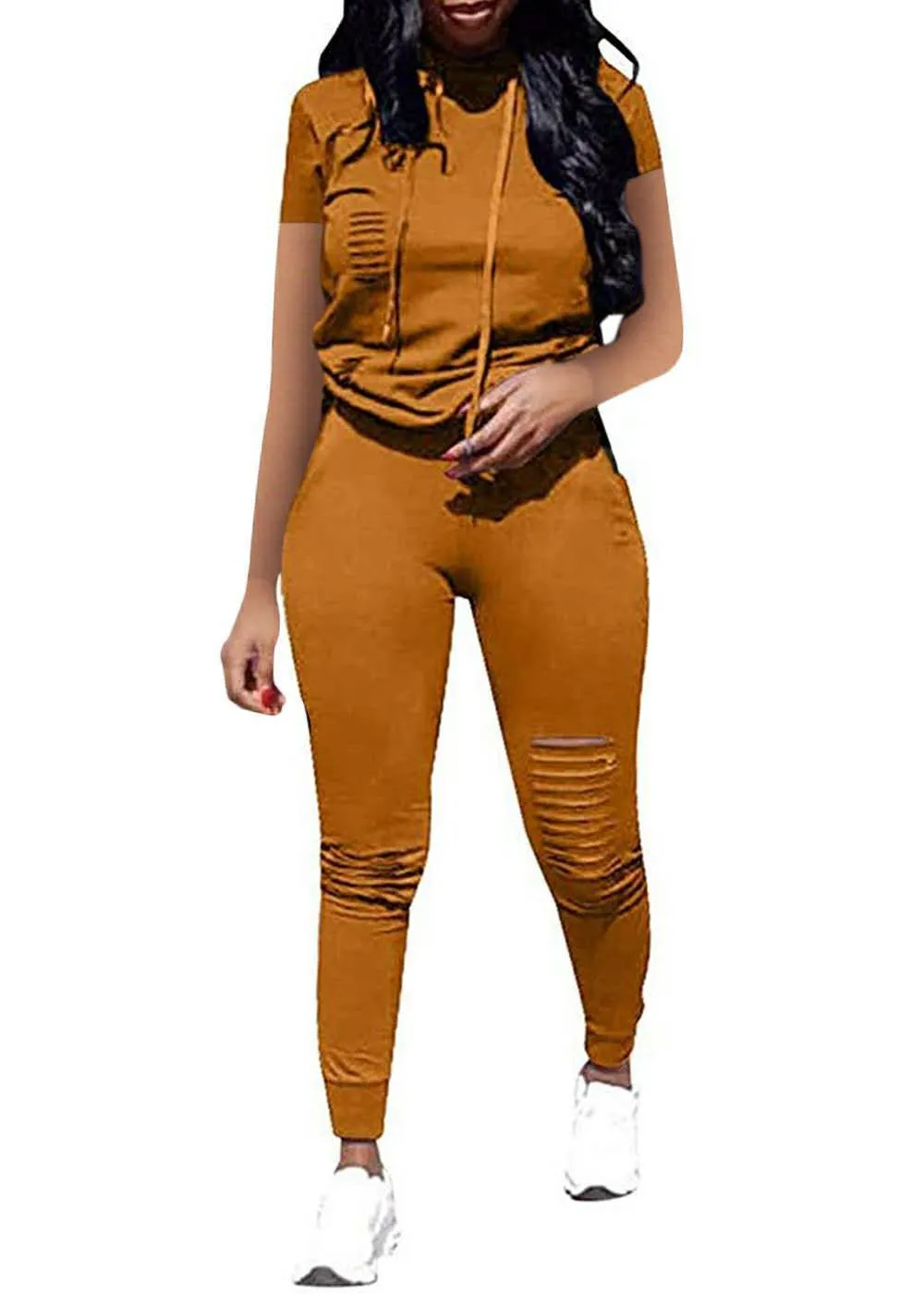 Trendy Distressed Hooded Top and Fitted Leggings Two-Piece Set