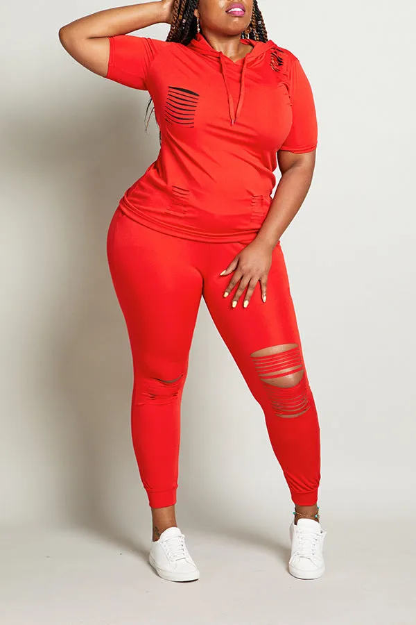 Trendy Distressed Hooded Top and Fitted Leggings Two-Piece Set