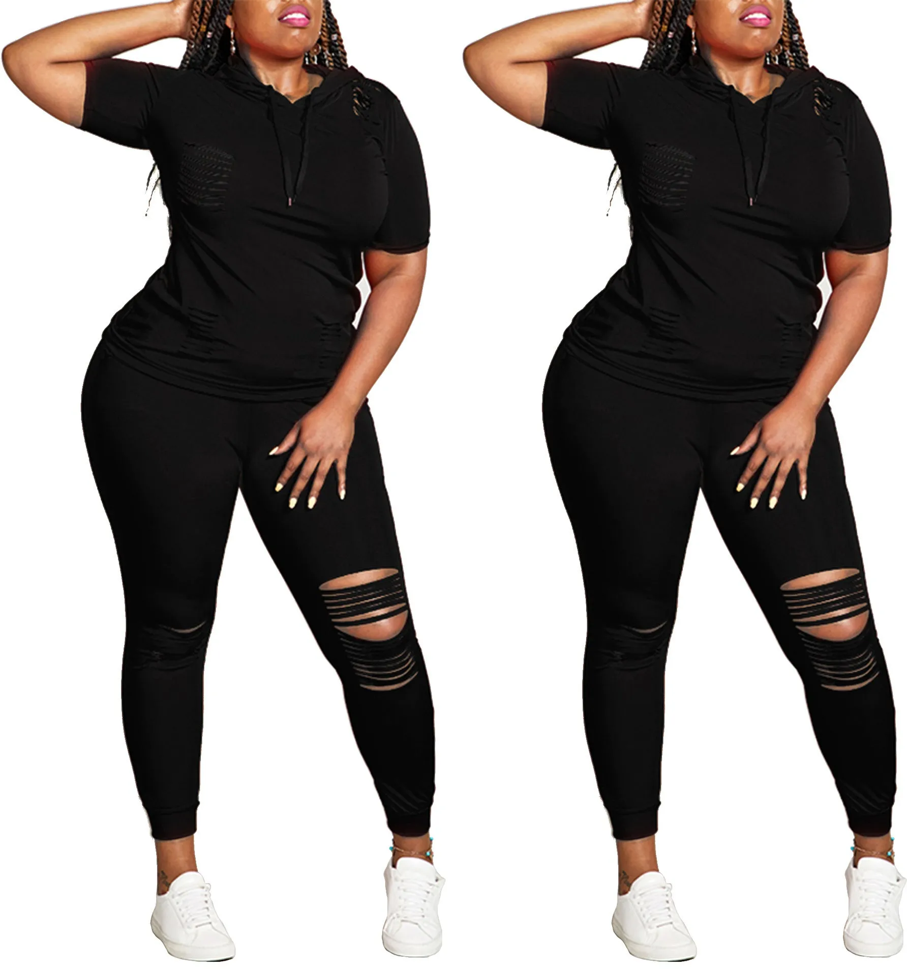 Trendy Distressed Hooded Top and Fitted Leggings Two-Piece Set