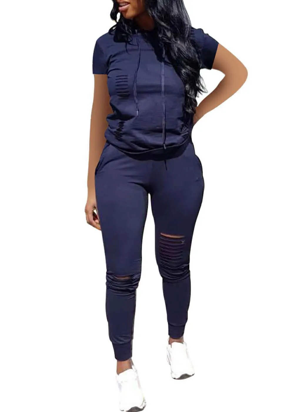 Trendy Distressed Hooded Top and Fitted Leggings Two-Piece Set