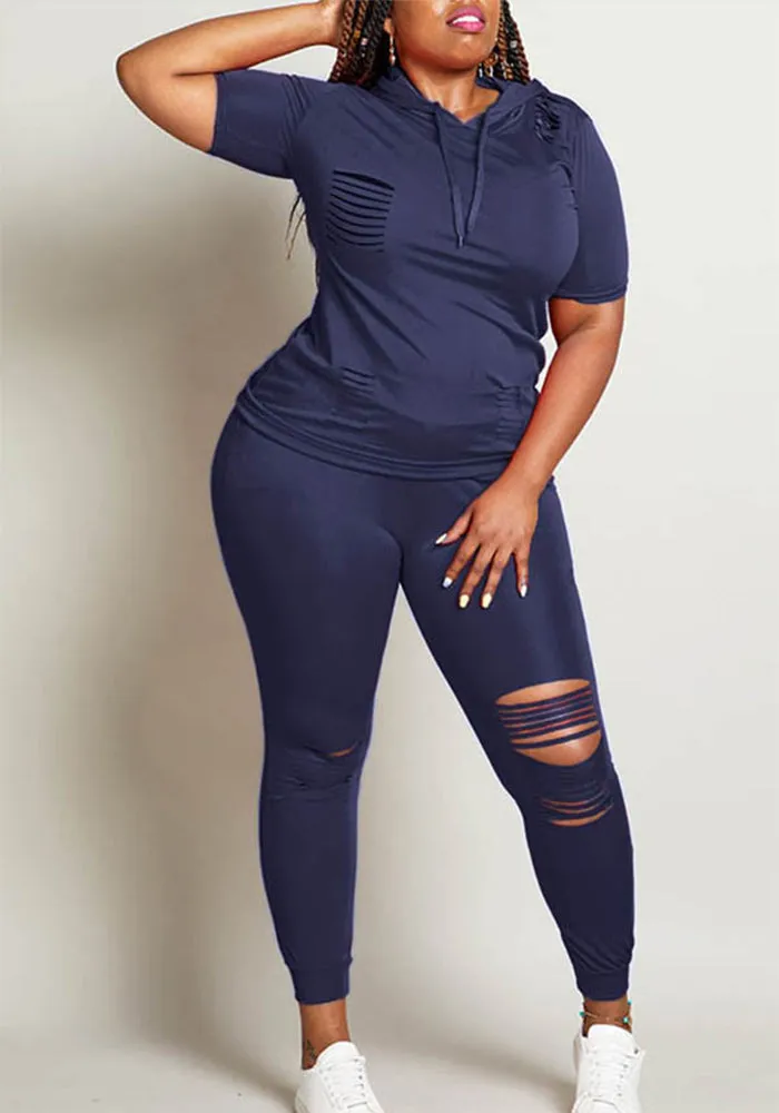 Trendy Distressed Hooded Top and Fitted Leggings Two-Piece Set
