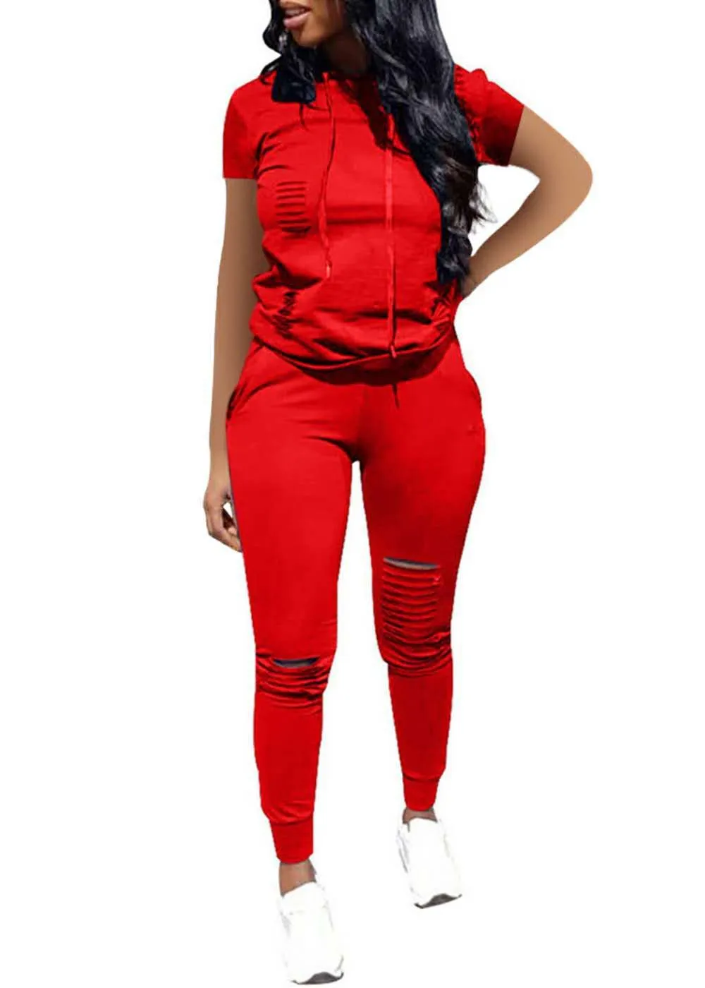 Trendy Distressed Hooded Top and Fitted Leggings Two-Piece Set