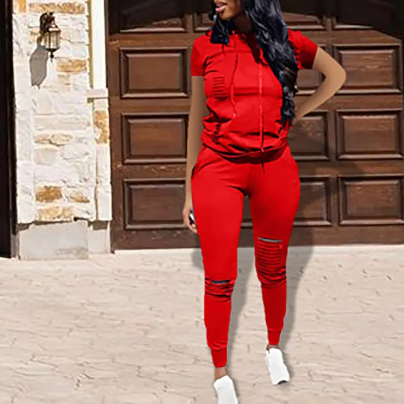 Trendy Distressed Hooded Top and Fitted Leggings Two-Piece Set