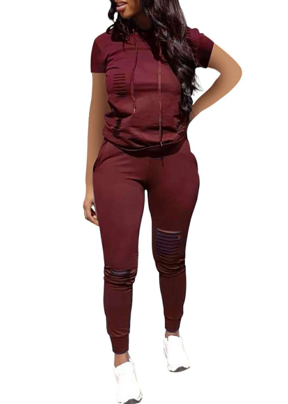 Trendy Distressed Hooded Top and Fitted Leggings Two-Piece Set