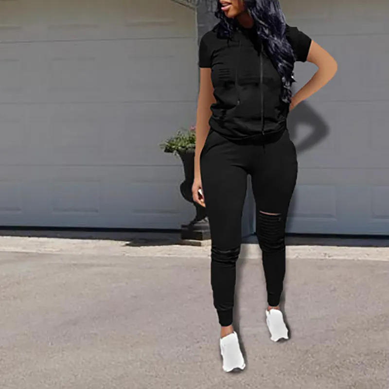 Trendy Distressed Hooded Top and Fitted Leggings Two-Piece Set