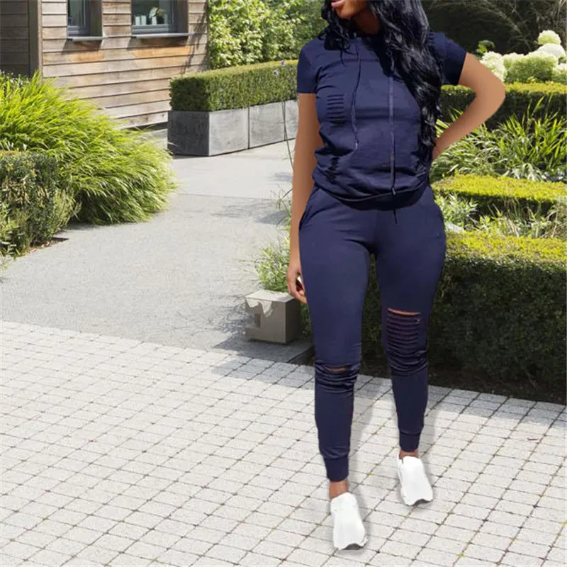 Trendy Distressed Hooded Top and Fitted Leggings Two-Piece Set