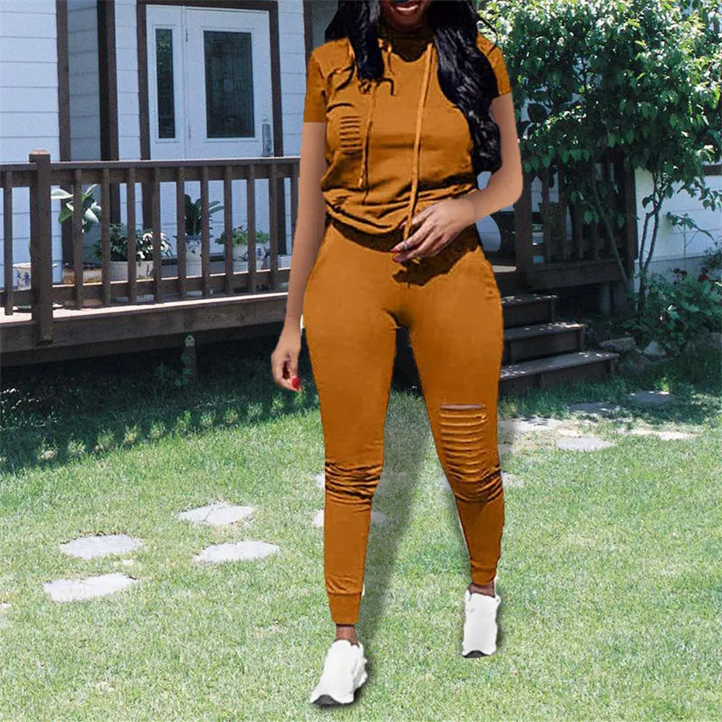 Trendy Distressed Hooded Top and Fitted Leggings Two-Piece Set