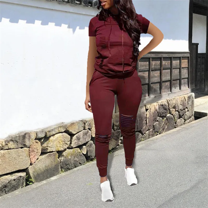 Trendy Distressed Hooded Top and Fitted Leggings Two-Piece Set