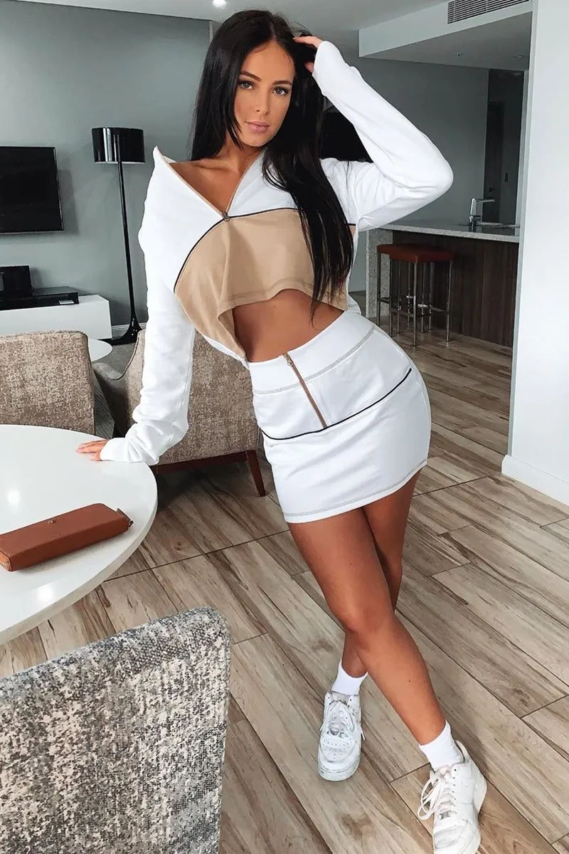 White Camel Cropped Zip Jumper Skirt Co-ord - Hestia