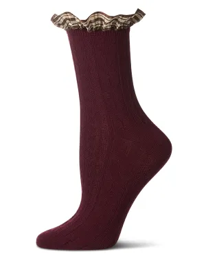 Women's Wool Infused Plaid Ruffle-Cuff Chain Stitch Crew Sock