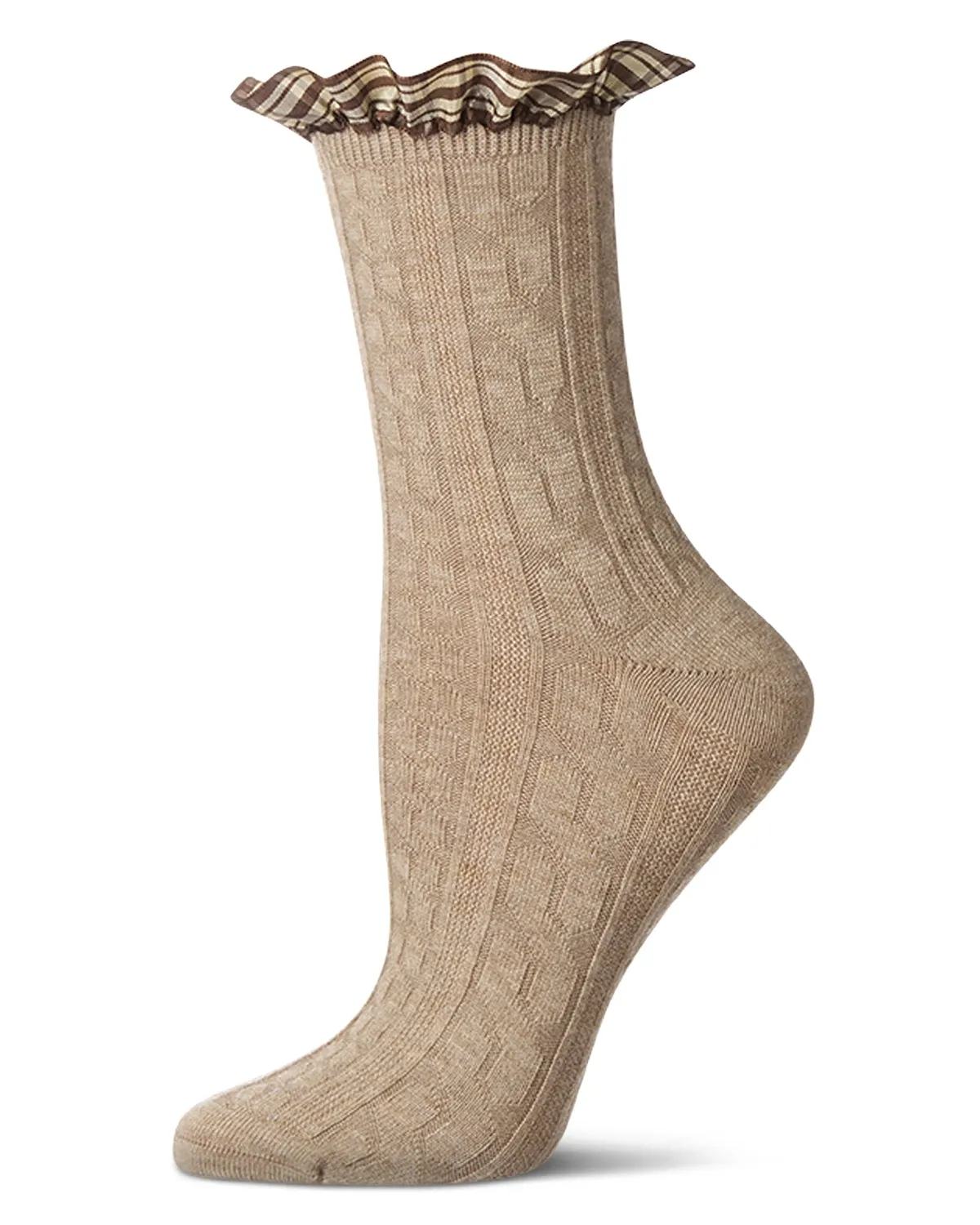 Women's Wool Infused Plaid Ruffle-Cuff Chain Stitch Crew Sock