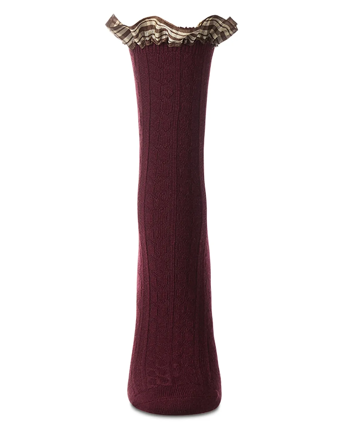 Women's Wool Infused Plaid Ruffle-Cuff Chain Stitch Crew Sock